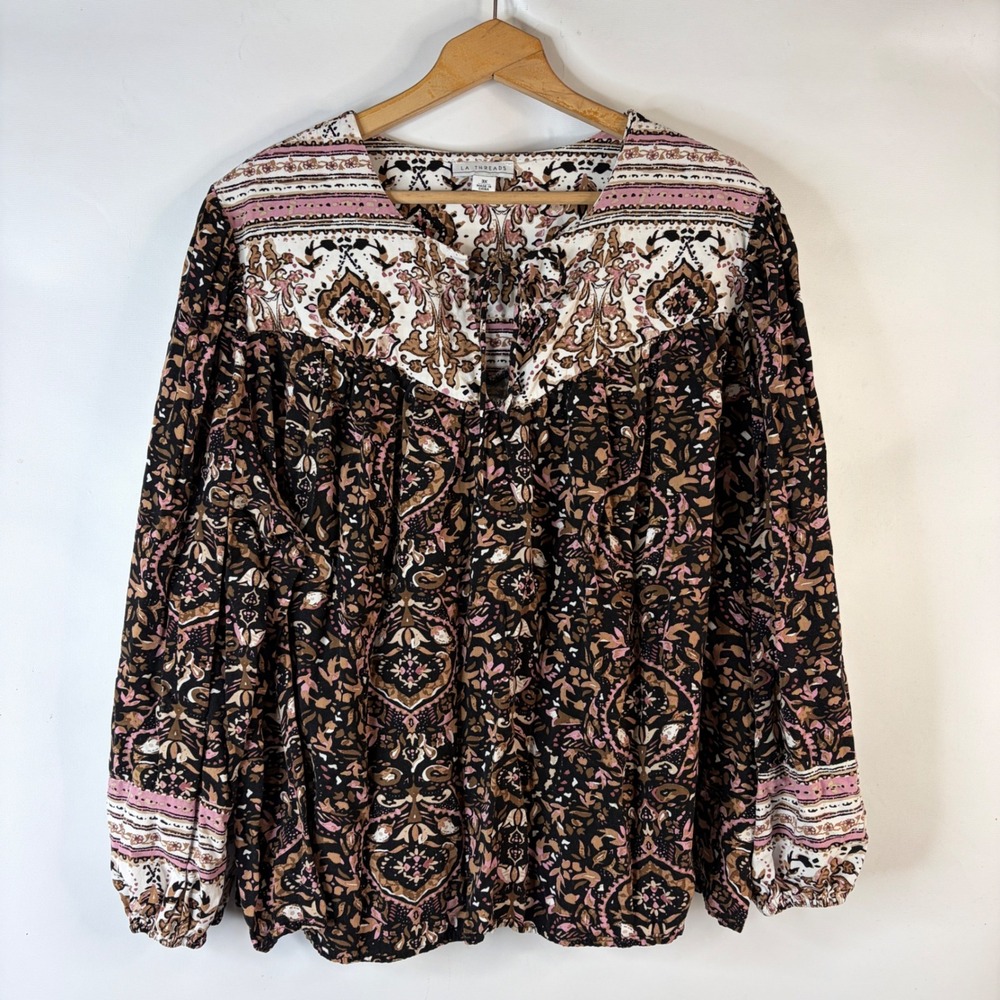 LA Threads Blouse Women 3X Black Medallion Boho Paisley Long Sleeve Peasant Top